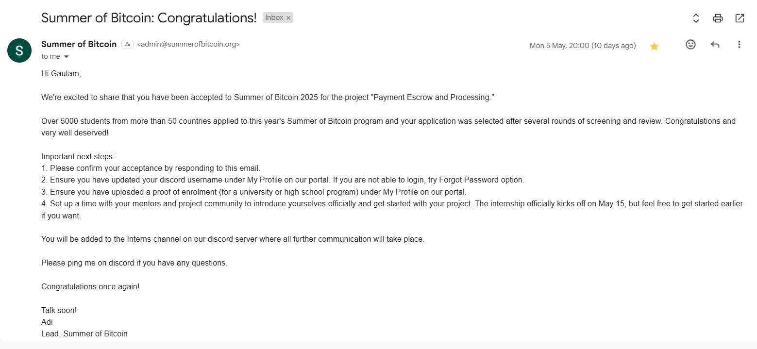Summer of Bitcoin Acceptance Email