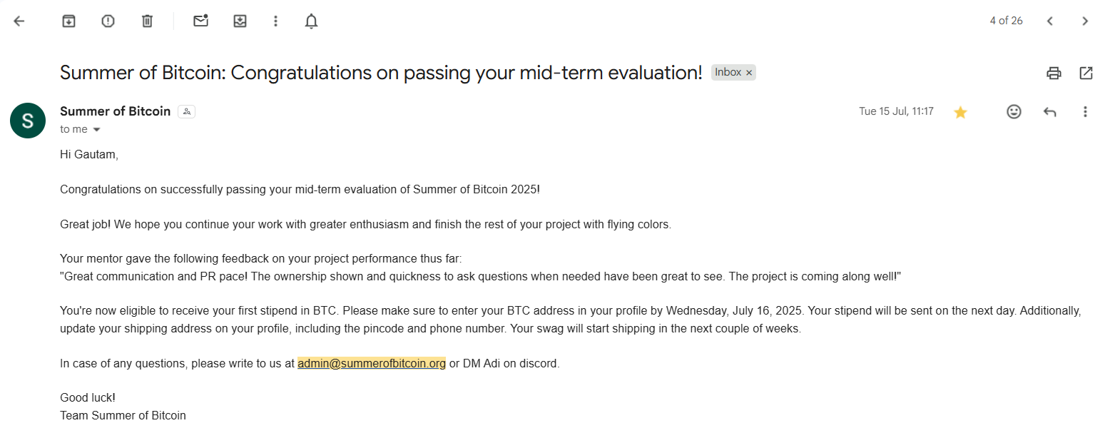 Summer of Bitcoin Mid-Term Evaluation Email